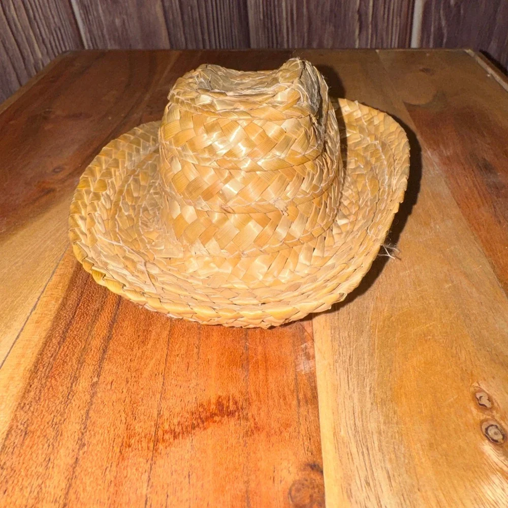 Miniature Straw Cowboy Hat Set of 2 Tan Western Doll Pet Accessory 5.25 Inch